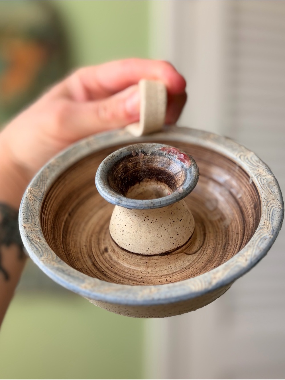 Handmade Ceramic Taper Chamber Style Candle Holder in Cream and Blue - Picture 4 of 6